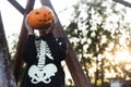 Happy young blond hair boy with skeleton costume holding jack o lantern. Halloween. Trick or treat. Outdoors portrait