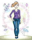 Happy young blonde woman posing on background of spring landscape and wearing fashionable casual clothes. Vector attractive