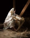 Mary sits in the stable near the manger with the baby