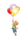 Happy young boy flying with colored balloons on white background. Vector illustration. Childhood, happiness concept