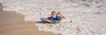 Happy Young boy having fun at the beach on vacation, with Boogie board BANNER, LONG FORMAT Royalty Free Stock Photo