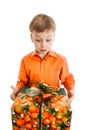 Happy young boy with a present box smiles isolated Royalty Free Stock Photo