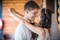 Happy young bride and groom going to kiss Royalty Free Stock Photo