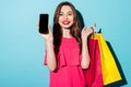 Happy young brunette woman holding mobile phone and shopping bags Royalty Free Stock Photo