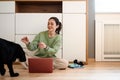 Happy young brunette woman using laptop computer Royalty Free Stock Photo