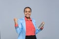 Happy Young Business Woman Hold Tablet Computer Excited African American Girl Royalty Free Stock Photo