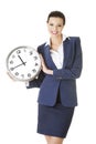 Happy young business woman holding office clock Royalty Free Stock Photo