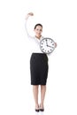 Happy young business woman holding office clock Royalty Free Stock Photo