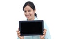 Happy young business woman showing tablet Royalty Free Stock Photo
