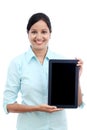 Happy young business woman showing tablet Royalty Free Stock Photo