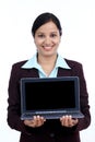 Happy young business woman showing tablet Royalty Free Stock Photo