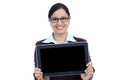 Happy young business woman showing tablet Royalty Free Stock Photo