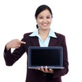Happy young business woman showing tablet computer Royalty Free Stock Photo