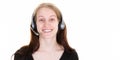 Happy young business woman smiling cheerful support phone operator call center portrait in headset Royalty Free Stock Photo