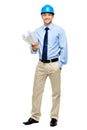 Happy young businessman architect on white background Royalty Free Stock Photo