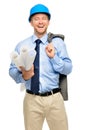 Happy young businessman architect on white background