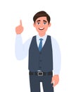 Happy young businessman in formal waistcoat pointing index finger up. Male character design illustration. Modern lifestyle.