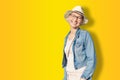 Happy young caucasian bald woman in hat and casual clothes enjoying life after surviving breast cancer. Portrait of beautiful Royalty Free Stock Photo