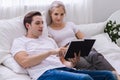 Happy young caucasian couple or lover on bed Royalty Free Stock Photo