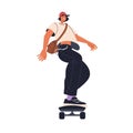 Happy young character riding skateboard. Active cheerful sport man, modern stylish skateboarder travels on skate board