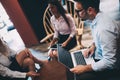 Happy colleagues from work socializing in restaurant Royalty Free Stock Photo