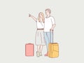 Happy young couple carry suitcase being ready to go holidays simple korean style illustration