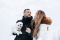 Happy young couple celebrate their first new year together. a couple in love are standing in an embrace with each other Royalty Free Stock Photo