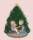 happy young couple with corgi dog with red bow on neck sitting together near christmas tree at home on cozy carpet on christmas