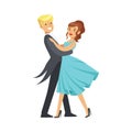 Happy young couple dancing ballroom dance in formal costumes colorful character vector Illustration Royalty Free Stock Photo