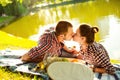 Happy young couple enjoying picnic. Toned image Royalty Free Stock Photo