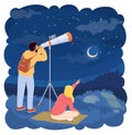 Happy young couple exploring starry sky on romantic dating