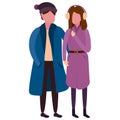 Happy young couple family, winter cold weather clothes, cap, warm coat, boots. Cartoon flat style Royalty Free Stock Photo