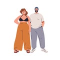 Happy young couple with fat plus-size bodies. Chunky man and chubby plump woman standing together, smiling. Romantic