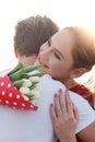 Happy young couple on first date, embracing Royalty Free Stock Photo