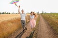 Happy young couple flying kite in a field Royalty Free Stock Photo