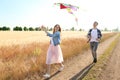 Happy young couple flying kite in a field Royalty Free Stock Photo