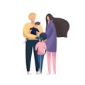 Happy young couple with foster children. Multiracial family. Adoption vector illustration