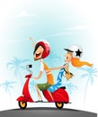 Happy young couple having fun on a scooter