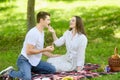 Happy young couple having a good time together, having a picnic in the park, feeding each other, enjoying each other. Royalty Free Stock Photo