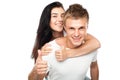 Happy young couple with his thump up Royalty Free Stock Photo