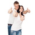 Happy young couple with his thump up. Focus On hands