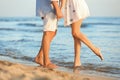 Happy young couple holding hands at beach on sunny day Royalty Free Stock Photo