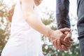 happy young couple holding hands in garden. Boyfriend and girlfriend walking in public park. Love, romance and relationship Royalty Free Stock Photo