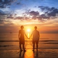 Happy young couple holding hands on sea beach during the beautiful sunset. Royalty Free Stock Photo