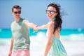 Happy young couple in honeymoon on the beach enjoy romatic vacation Royalty Free Stock Photo