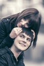 Happy young couple in love hugging in city street Royalty Free Stock Photo