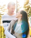 Happy young couple in love hugging. Park outdoors date. Loving couple Royalty Free Stock Photo