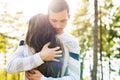 Happy young couple in love hugging. Park outdoors date. Loving couple Royalty Free Stock Photo