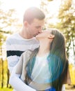 Happy young couple in love kissing. Outdoors date. Loving couple relationship. Royalty Free Stock Photo