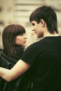 Happy young couple in love walking on city street Royalty Free Stock Photo